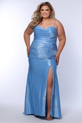 Slim fitted stretch satin plus size formal prom dress.  Pleated bodice, ruched skirt with gathered ties on slit, spaghetti straps and ruched back skirt with train.  Availablie in light blue, orange and lilac in sizes 14-24. Style SC7422 by Sydney's Closet.