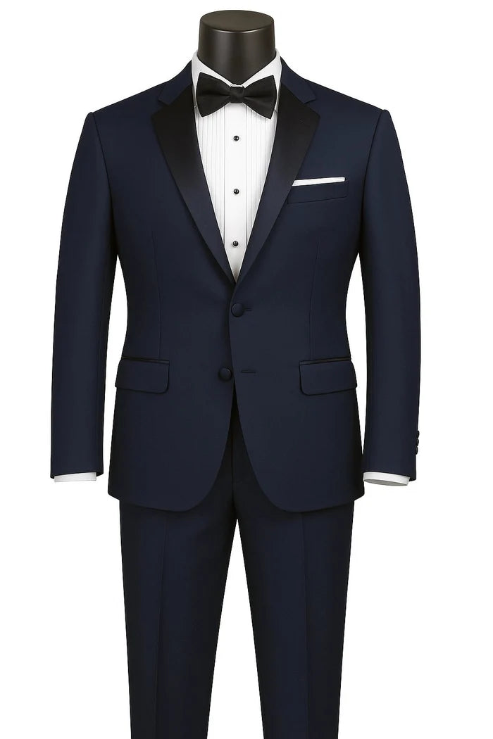GALA COLLECTION – Navy SLIM FIT TUXEDO SUIT WITH SATIN LAPEL - Upscale Men's Fashion