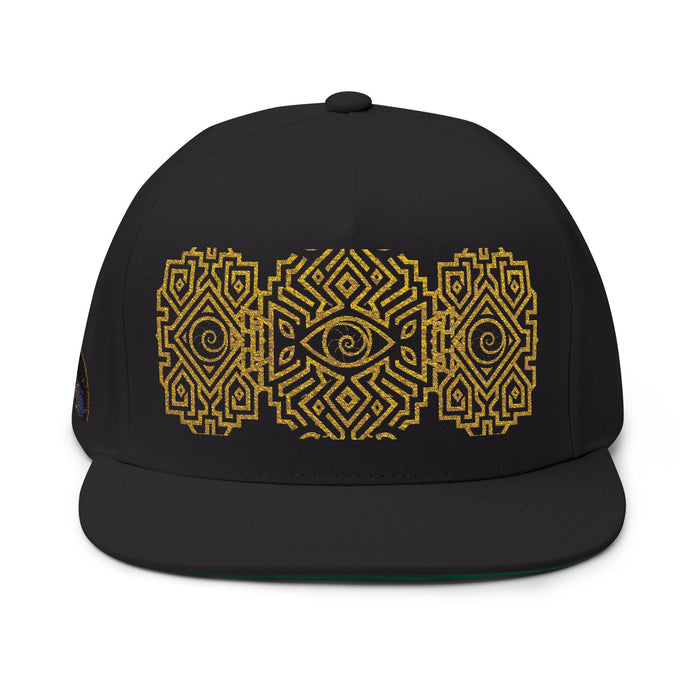 Geometric All-Seeing Eye Embroidery Flat Bill Cap | Aztec-Inspired Symbol