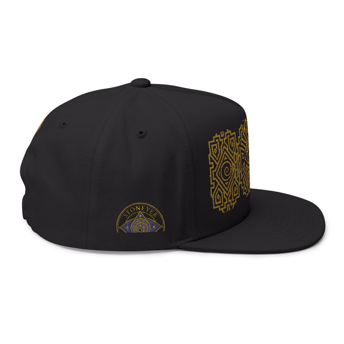 Geometric All-Seeing Eye Embroidery Flat Bill Cap | Aztec-Inspired Symbol