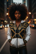 Geometric Ancient African Kuba inspired Pattern Zip Hoodie | Black Gold Maze Design