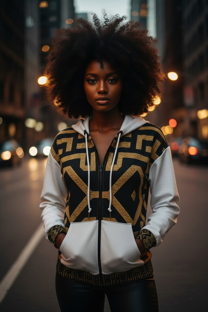 Geometric Ancient African Kuba inspired Pattern Zip Hoodie | Black Gold Maze Design