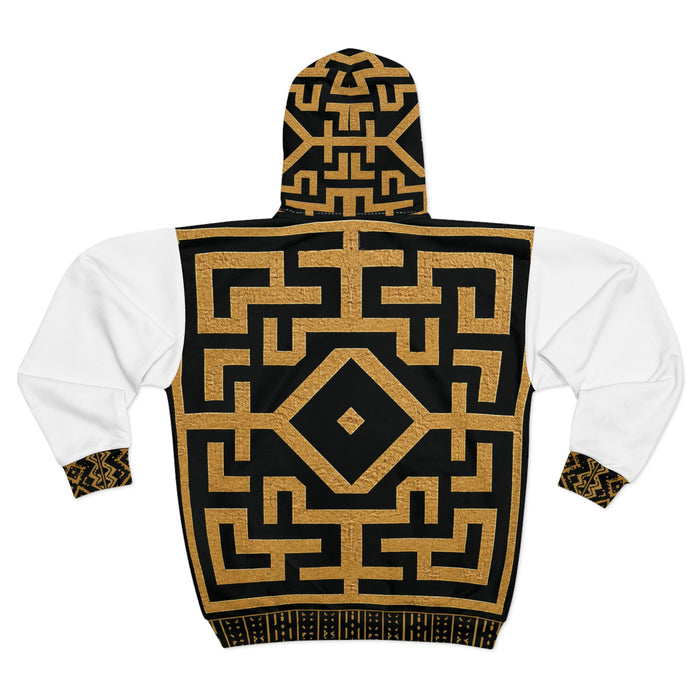 Geometric Ancient African Kuba inspired Pattern Zip Hoodie | Black Gold Maze Design