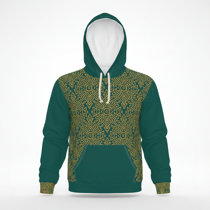 A dark green pullover hoodie with a yellow geometric patterned chest panel, sleeves, and hem, featuring white drawstrings and a white inner hood lining, shown on a plain white background.