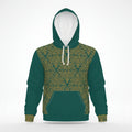 A dark green pullover hoodie with a yellow geometric patterned chest panel, sleeves, and hem, featuring white drawstrings and a white inner hood lining, shown on a plain white background.