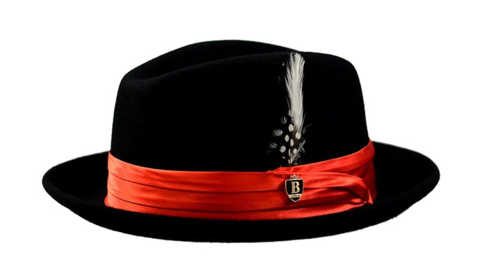 Giovani Collection – Black with Red Band Wool Felt Fedora Hat with Crushable Snap Brim - Upscale Men's Fashion