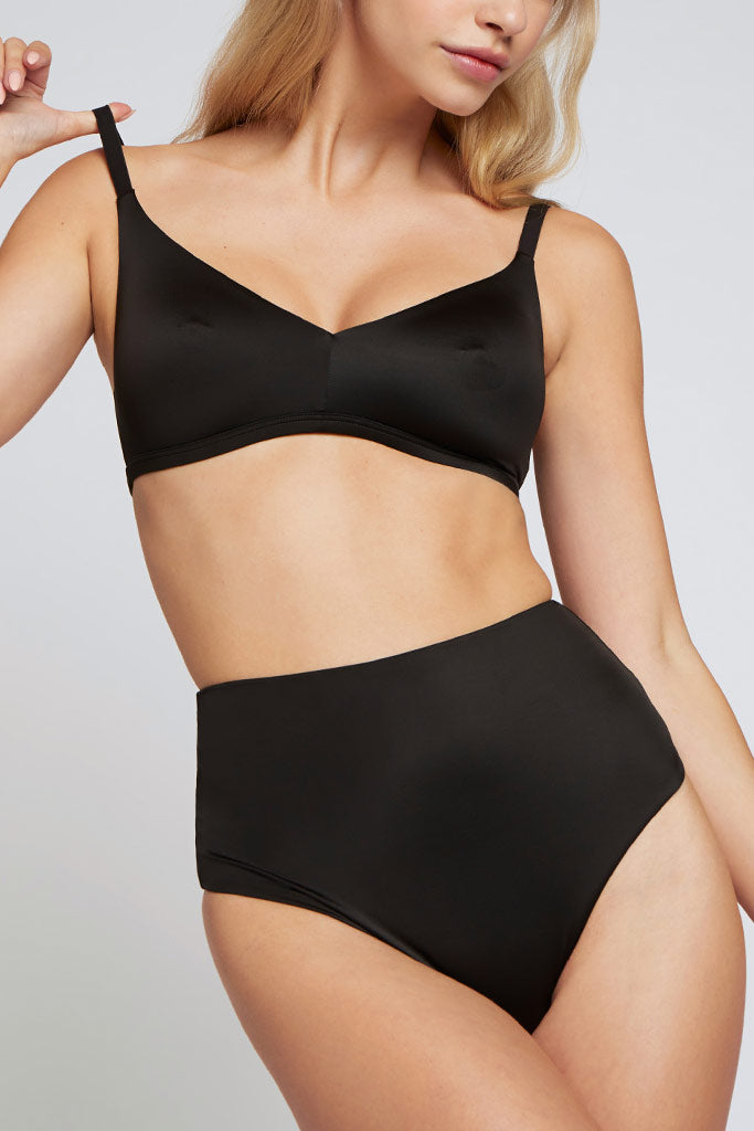 Black non-wire bra and matching high-rise briefs, front view