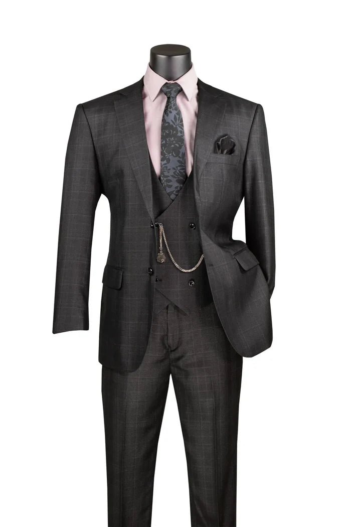 Glenmore Collection-Regular Fit Black Glen Plaid Three-Piece Suit - Upscale Men's Fashion