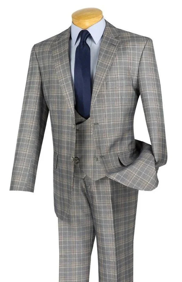 Glenmore Collection-Regular Fit Gray Glen Plaid Three-Piece Suit - Upscale Men's Fashion