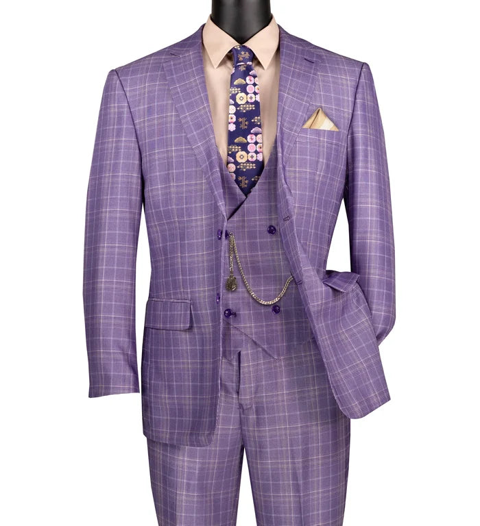 Glenmore Collection-Regular Fit Light Purple Glen Plaid Three-Piece Suit - Upscale Men's Fashion