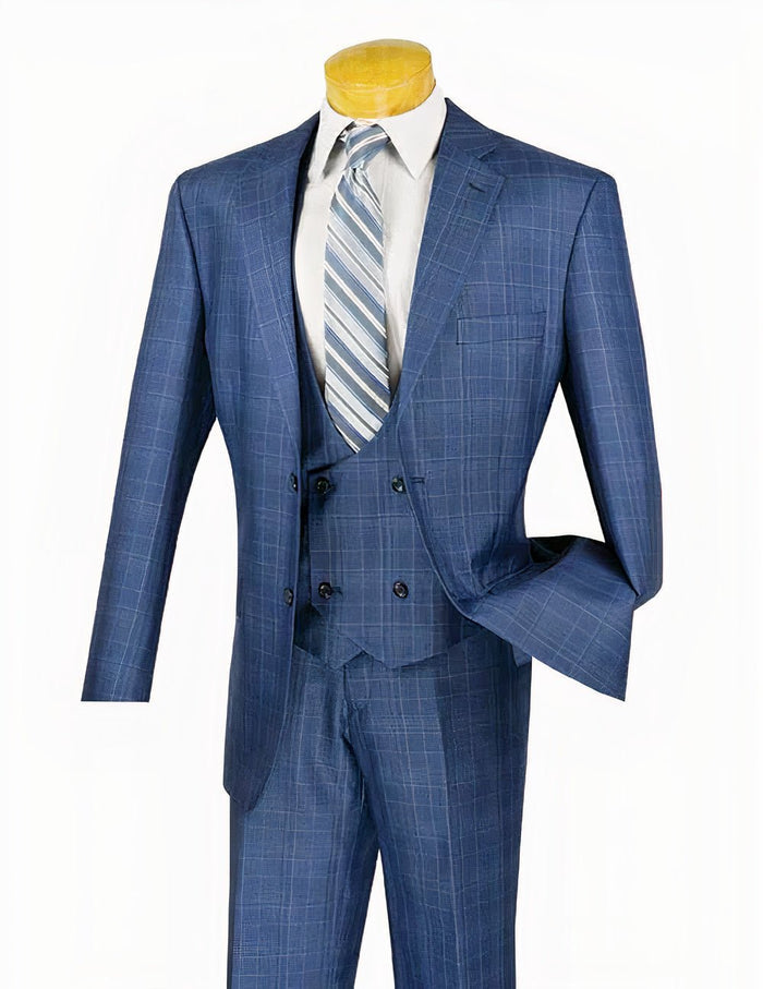 Glenmore Collection-Regular Fit Oxford Blue Glen Plaid Three-Piece Suit - Upscale Men's Fashion