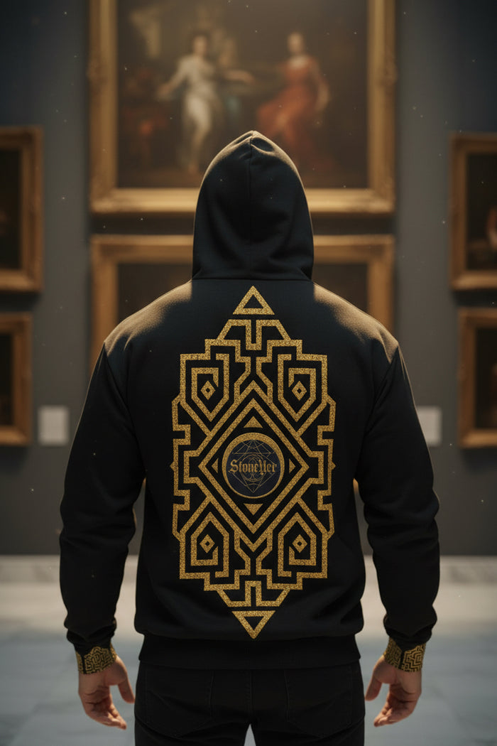 Gold Geometric  Pattern Zip Hoodie | Black Zip Hoodie