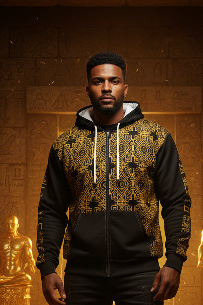 Gold Geometric  Pattern Zip Hoodie | Black Zip Hoodie