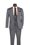 Gray Glen Plaid Slim Fit 3 Piece Suit for Men – Peak Lapel Stretch Suit – Savoy Collection - Upscale Men's Fashion