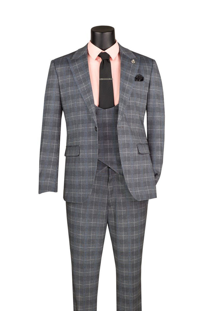 Gray Glen Plaid Slim Fit 3 Piece Suit for Men – Peak Lapel Stretch Suit – Savoy Collection - Upscale Men's Fashion