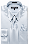 Grey Satin Dress Shirt Set with Matching Tie & Pocket Square - Upscale Men's Fashion