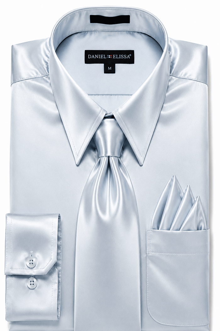 Grey Satin Dress Shirt Set with Matching Tie & Pocket Square - Upscale Men's Fashion