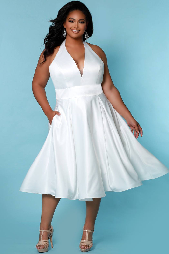 Sydney's Bridal by Sydney's Closet halter neckline aline skirt bridal tea legnth dress with pockets and zipper back available in ivory style SC5266 short plus size wedding dress