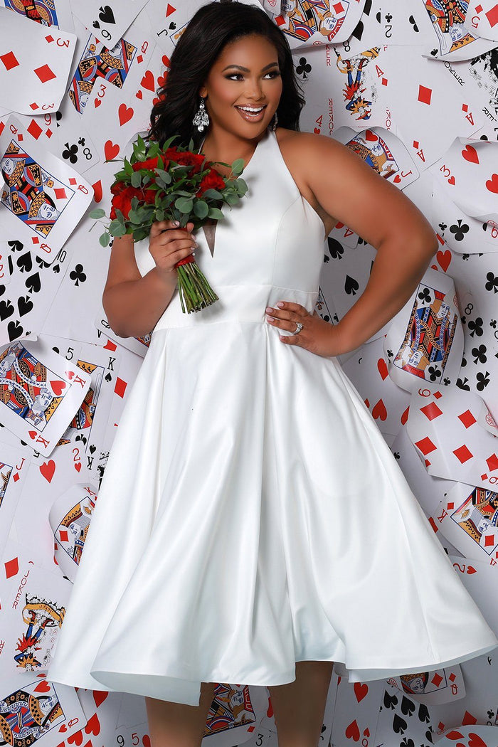 Sydney's Bridal by Sydney's Closet halter neckline aline skirt bridal tea legnth dress with pockets and zipper back available in ivory style SC5266 short plus size wedding dress