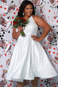 Sydney's Bridal by Sydney's Closet halter neckline aline skirt bridal tea legnth dress with pockets and zipper back available in ivory style SC5266 short plus size wedding dress