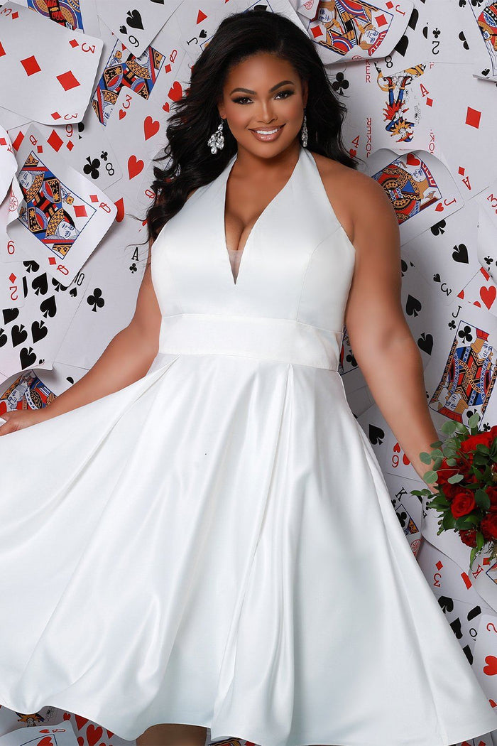 Sydney's Bridal by Sydney's Closet halter neckline aline skirt bridal tea legnth dress with pockets and zipper back available in ivory style SC5266 short plus size wedding dress