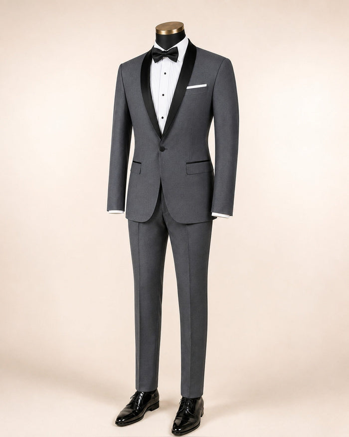 Heather Gray Slim Fit Tuxedo with Narrow Black Shawl Lapel & matching Pants - Upscale Men's Fashion