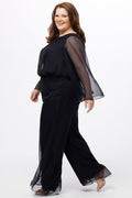 Celebration's by Sydney's Closet style CE2608 in black. 

Scoop neckline, long cape sleeve chiffon jumpsuit. Wide leg pants, blouson bodice and natural waistline. High scoop back with center back zipper.
