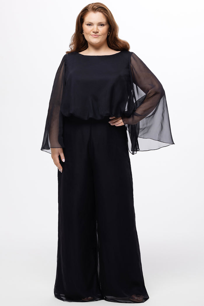 Celebration's by Sydney's Closet style CE2608 in black. 

Scoop neckline, long cape sleeve chiffon jumpsuit. Wide leg pants, blouson bodice and natural waistline. High scoop back with center back zipper.