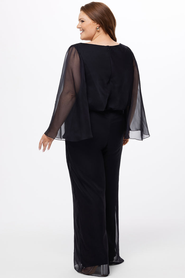 Celebration's by Sydney's Closet style CE2608 in black. 

Scoop neckline, long cape sleeve chiffon jumpsuit. Wide leg pants, blouson bodice and natural waistline. High scoop back with center back zipper.