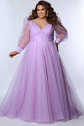 JK2317 plus size organza evening gown.  V-neckline, puff sleeves with cuff, pleated organza bodice and sweep train. Available in lilac purple, sky blue and diamond white. Johnathan Kayne for Sydney's Closet.