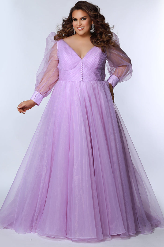 JK2317 plus size organza evening gown.  V-neckline, puff sleeves with cuff, pleated organza bodice and sweep train. Available in lilac purple, sky blue and diamond white. Johnathan Kayne for Sydney's Closet.