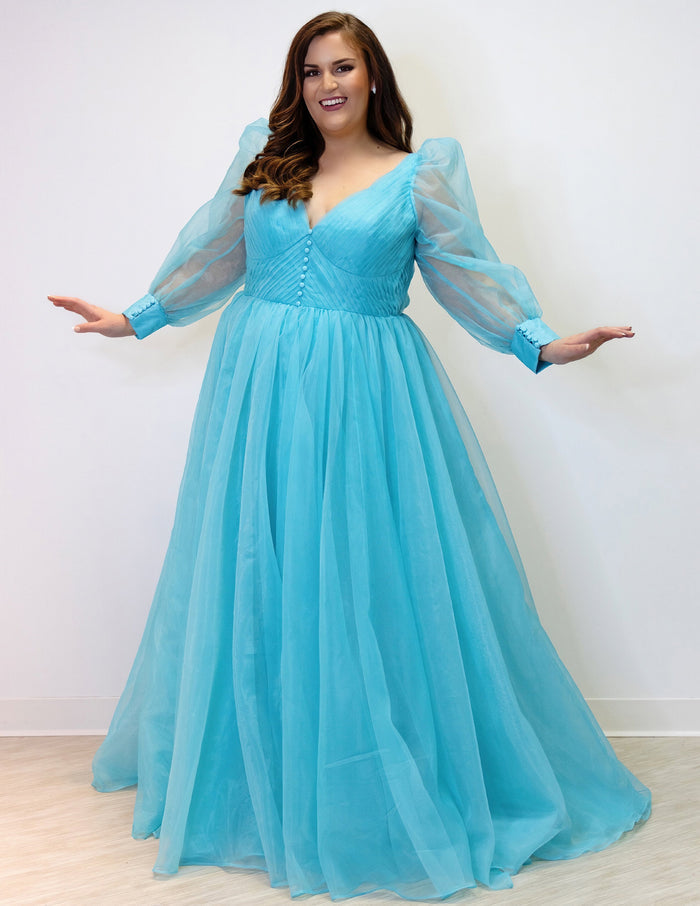 JK2317 plus size organza evening gown.  V-neckline, puff sleeves with cuff, pleated organza bodice and sweep train. Available in lilac purple, sky blue and diamond white. Johnathan Kayne for Sydney's Closet.