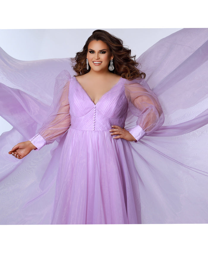 JK2317 plus size organza evening gown.  V-neckline, puff sleeves with cuff, pleated organza bodice and sweep train. Available in lilac purple, sky blue and diamond white. Johnathan Kayne for Sydney's Closet. Photographer Georgina Vaughan