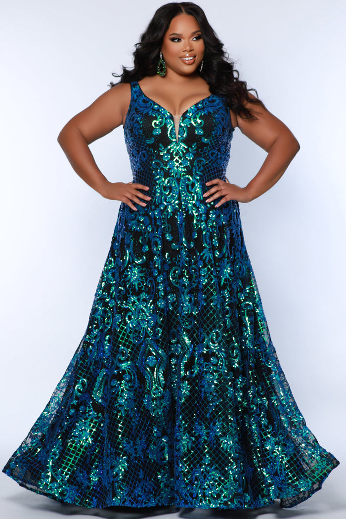 Sydney's Closet SC7367 Peacock. Laser cut sequin on mesh, Stretch knit lining, A-line skirt, Pockets, V-neckline with nude mesh insert, Bra-friendly straps, Center back zipper, Sweep train, Horsehair hem.