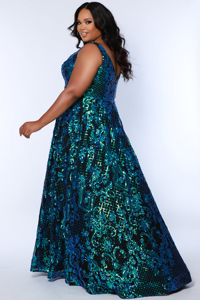 Sydney's Closet SC7367 Peacock. Laser cut sequin on mesh, Stretch knit lining, A-line skirt, Pockets, V-neckline with nude mesh insert, Bra-friendly straps, Center back zipper, Sweep train, Horsehair hem.
