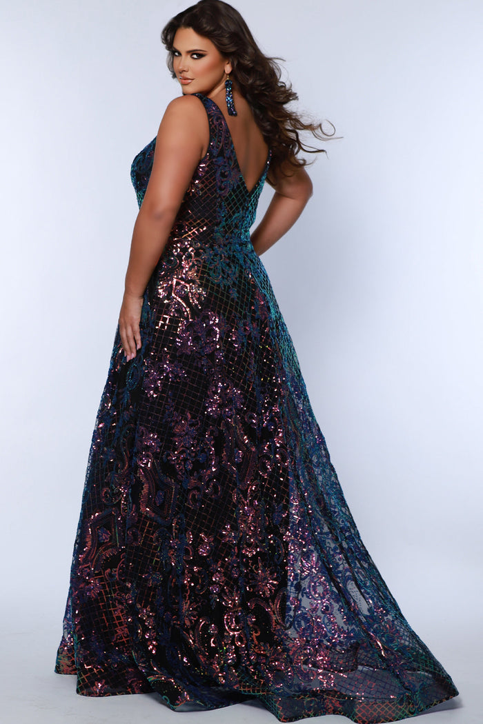 Sydney's Closet SC7367 Phoenix. Laser cut sequin on mesh, Stretch knit lining, A-line skirt, Pockets, V-neckline with nude mesh insert, Bra-friendly straps, Center back zipper, Sweep train, Horsehair hem.