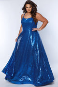 Sydney's Closet SC7387 Royal. All over dense sequin, scoop neckline, sequin covered straps, floor length A-line skirt, horse hair hem, center back zipper.
