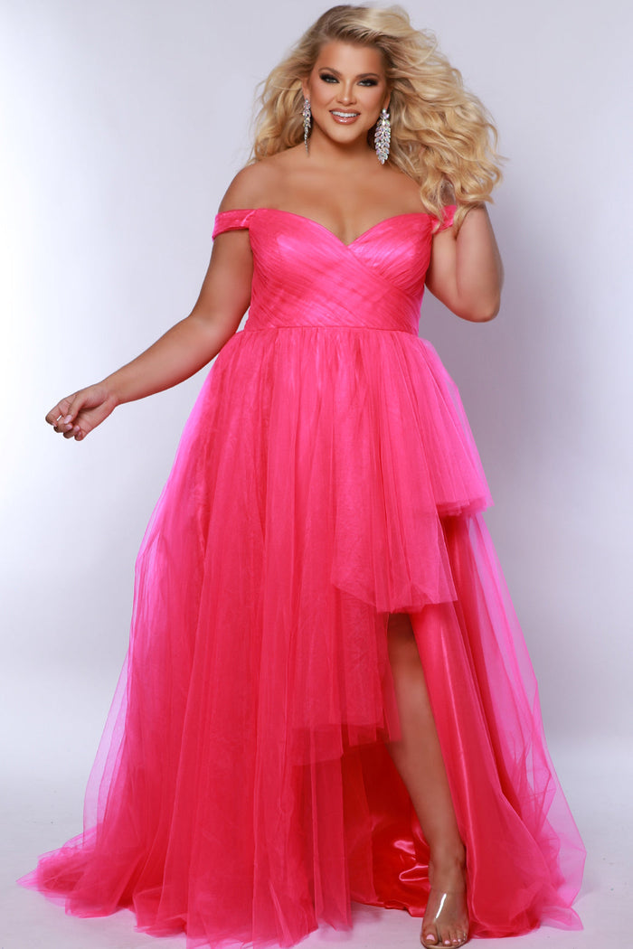 Sydney's Closet SC7388 Pink. Off the shoulder, sweetheart neckline, ruched tulle bodice, layered tulle skirt with high-low slit, center back zipper.