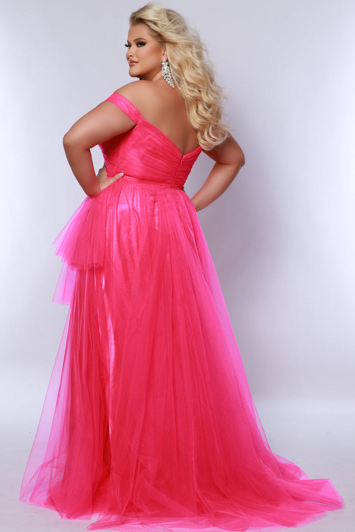 Sydney's Closet SC7388 Pink. Off the shoulder, sweetheart neckline, ruched tulle bodice, layered tulle skirt with high-low slit, center back zipper.
