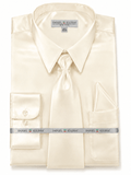 Ivory Satin Dress Shirt Set with Matching Tie & Pocket Square - Upscale Men's Fashion