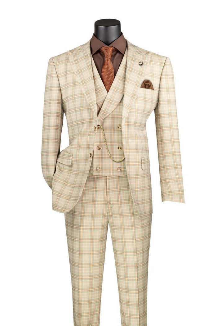 Khaki Modern Fit Windowpane 3-Piece Suit – Montavero Collection - Upscale Men's Fashion