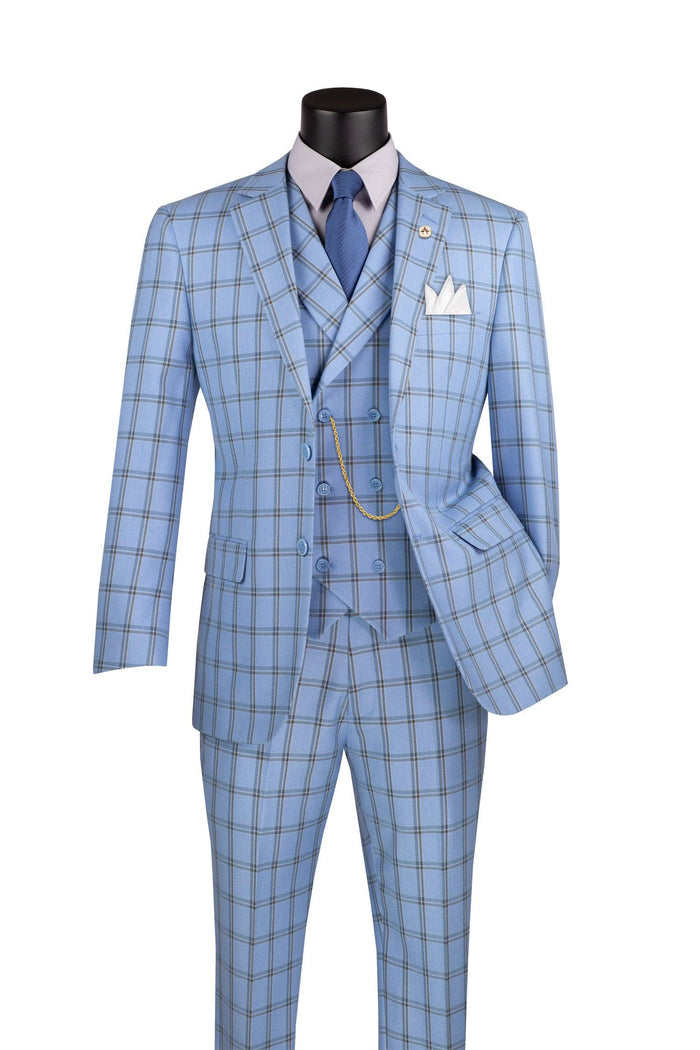 La Scale Collection-Windowpane Three Piece Suit - Light Blue - Upscale Men's Fashion