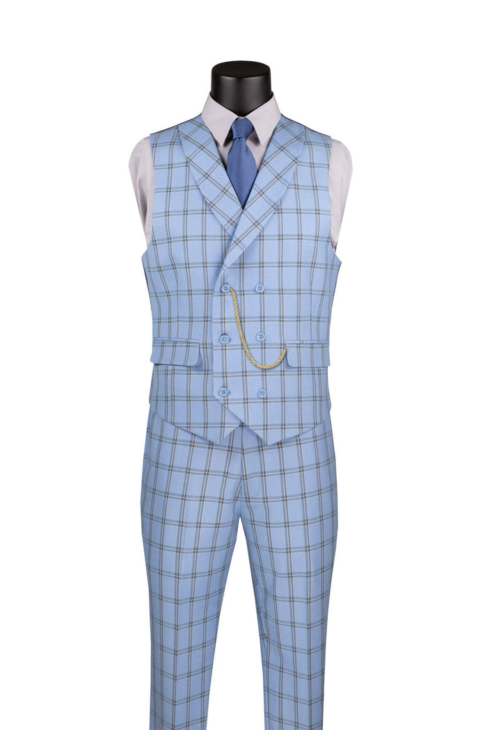 La Scale Collection-Windowpane Three Piece Suit - Light Blue - Upscale Men's Fashion