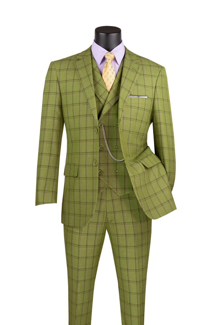 La Scale Collection-Windowpane Three Piece Suit - Moss Green - Upscale Men's Fashion