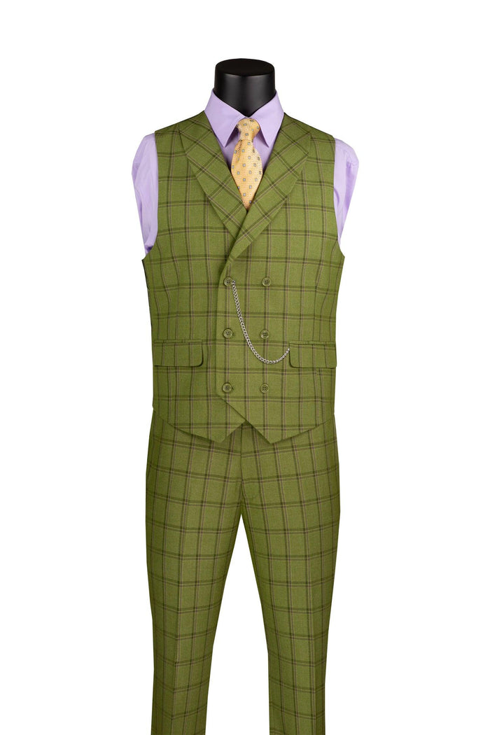 La Scale Collection-Windowpane Three Piece Suit - Moss Green - Upscale Men's Fashion