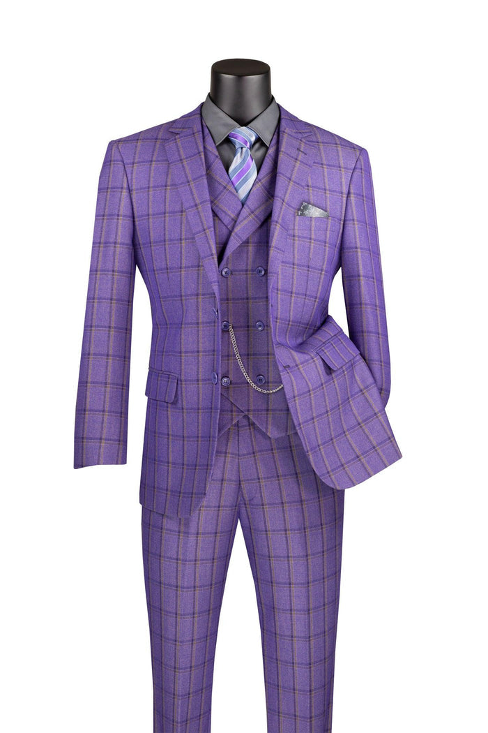 La Scale Collection-Windowpane Three Piece Suit - Purple - Upscale Men's Fashion