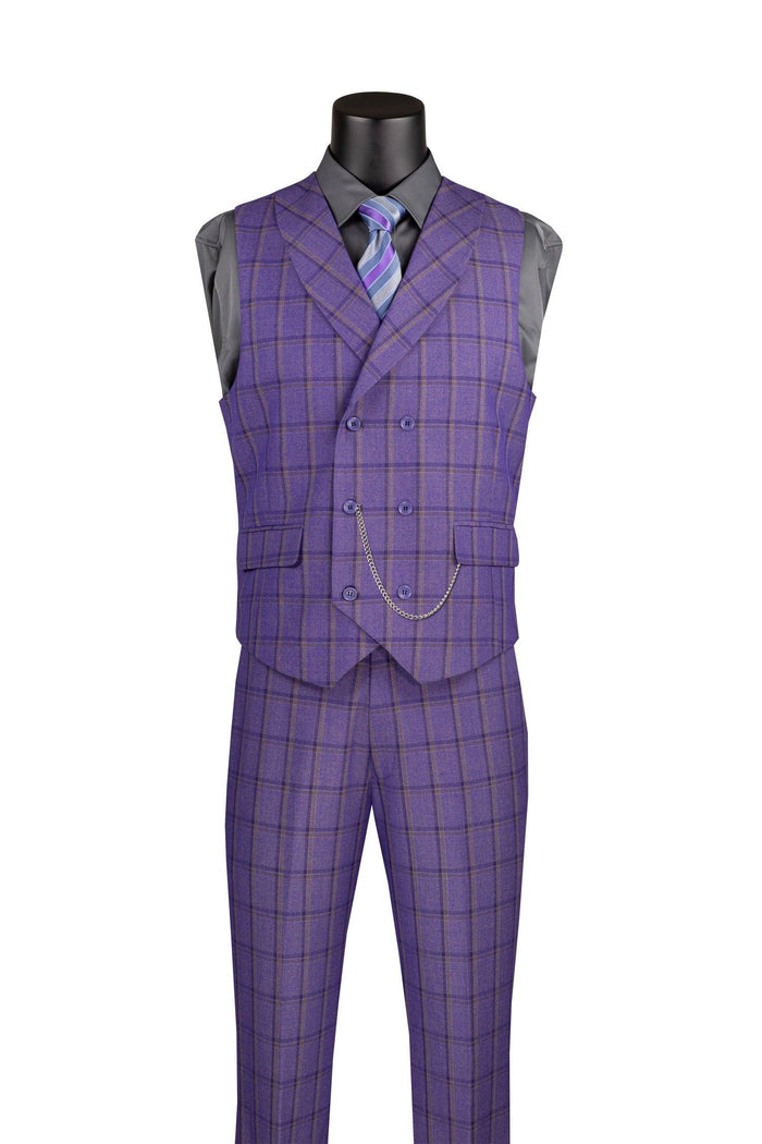 La Scale Collection-Windowpane Three Piece Suit - Purple - Upscale Men's Fashion