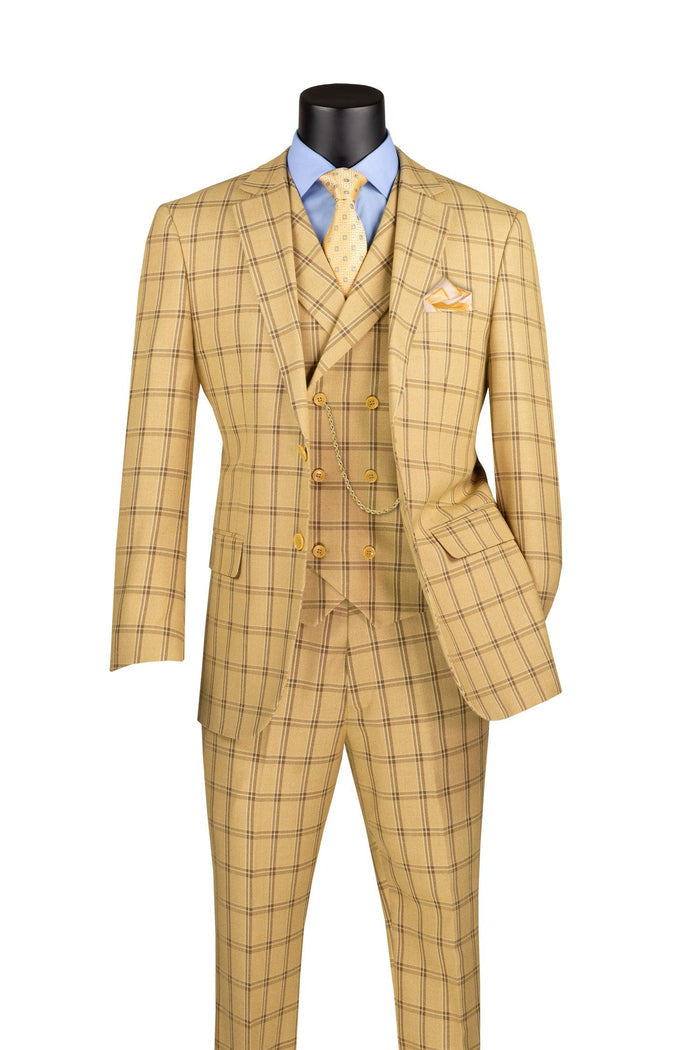 La Scale Collection-Windowpane Three Piece Suit - Tan - Upscale Men's Fashion