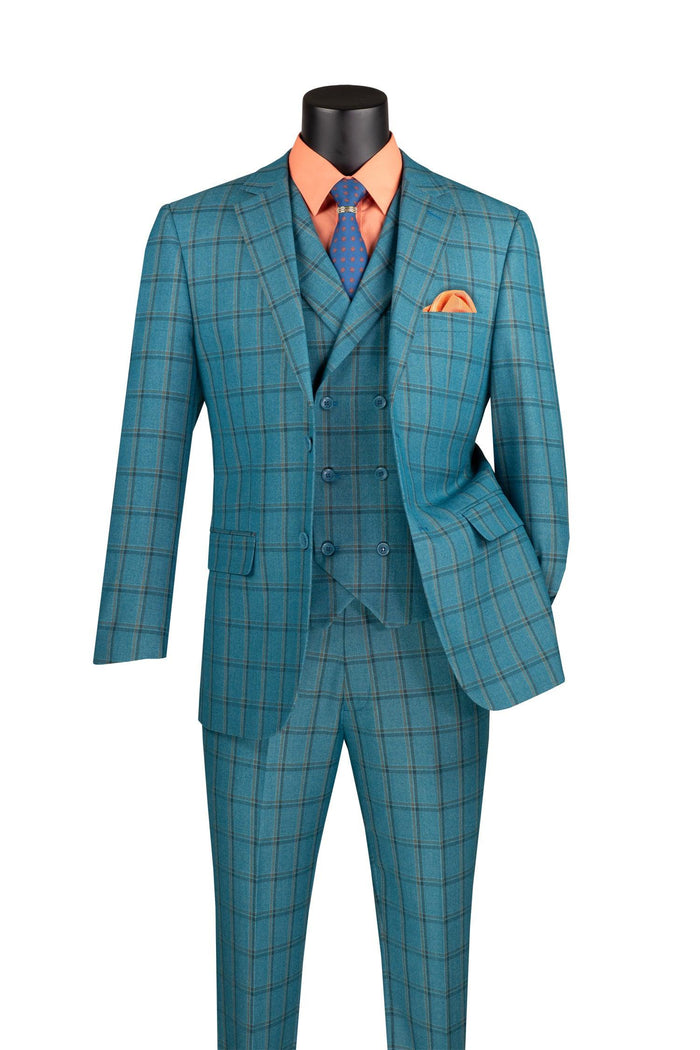 La Scale Collection-Windowpane Three Piece Suit - Teal - Upscale Men's Fashion