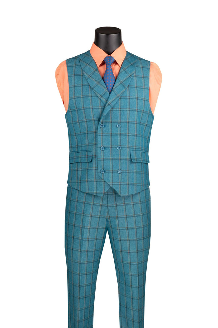 La Scale Collection-Windowpane Three Piece Suit - Teal - Upscale Men's Fashion